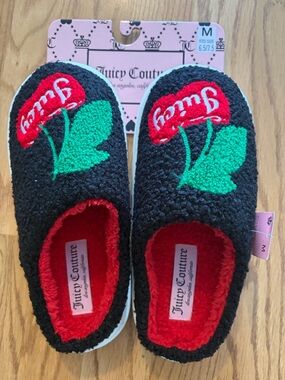 Juicy Couture Black Slippers with Red Cherry Embroidery